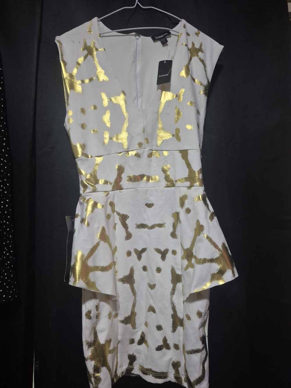 Bebe White and Gold Peplum Sheath Dress